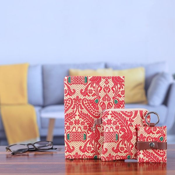 Alternate image for Leather-Accented Cotton Jacquard Journal Pouch Keychain Set Assam Beauty