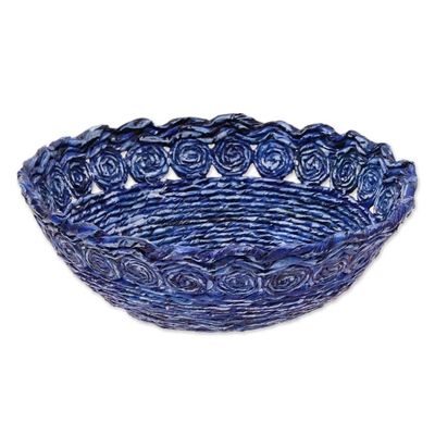 Alternate image for Recycled Paper Basket in Blue from India Beautiful Spirals in Blue
