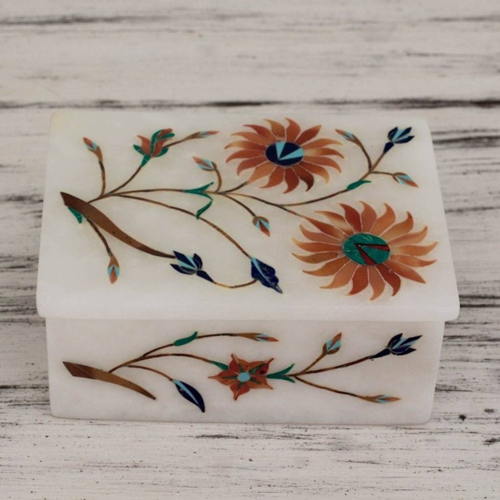Floral Marble Jewelry Box from India 'Sunflower Duet'