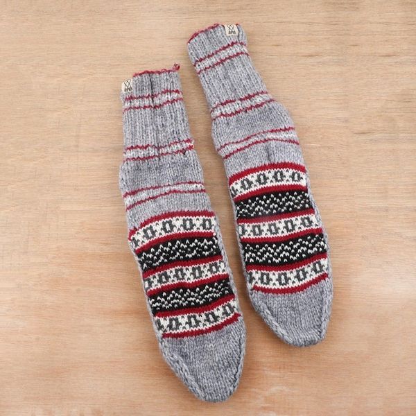 Alternate image for Thick Slipper Style Hand-Knit Calf-Length Grey Winter Socks Winter Festivity