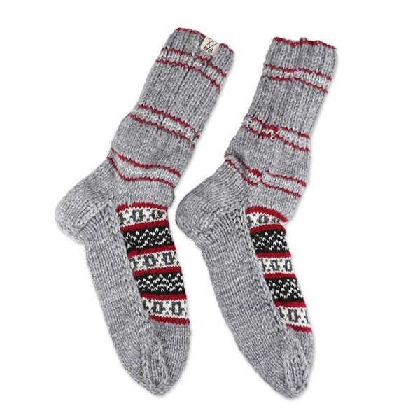 Alternate image for Thick Slipper Style Hand-Knit Calf-Length Grey Winter Socks Winter Festivity