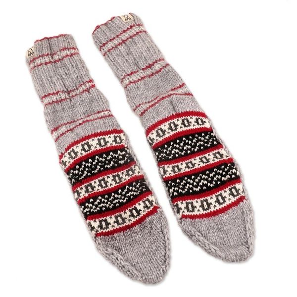 Alternate image for Thick Slipper Style Hand-Knit Calf-Length Grey Winter Socks Winter Festivity