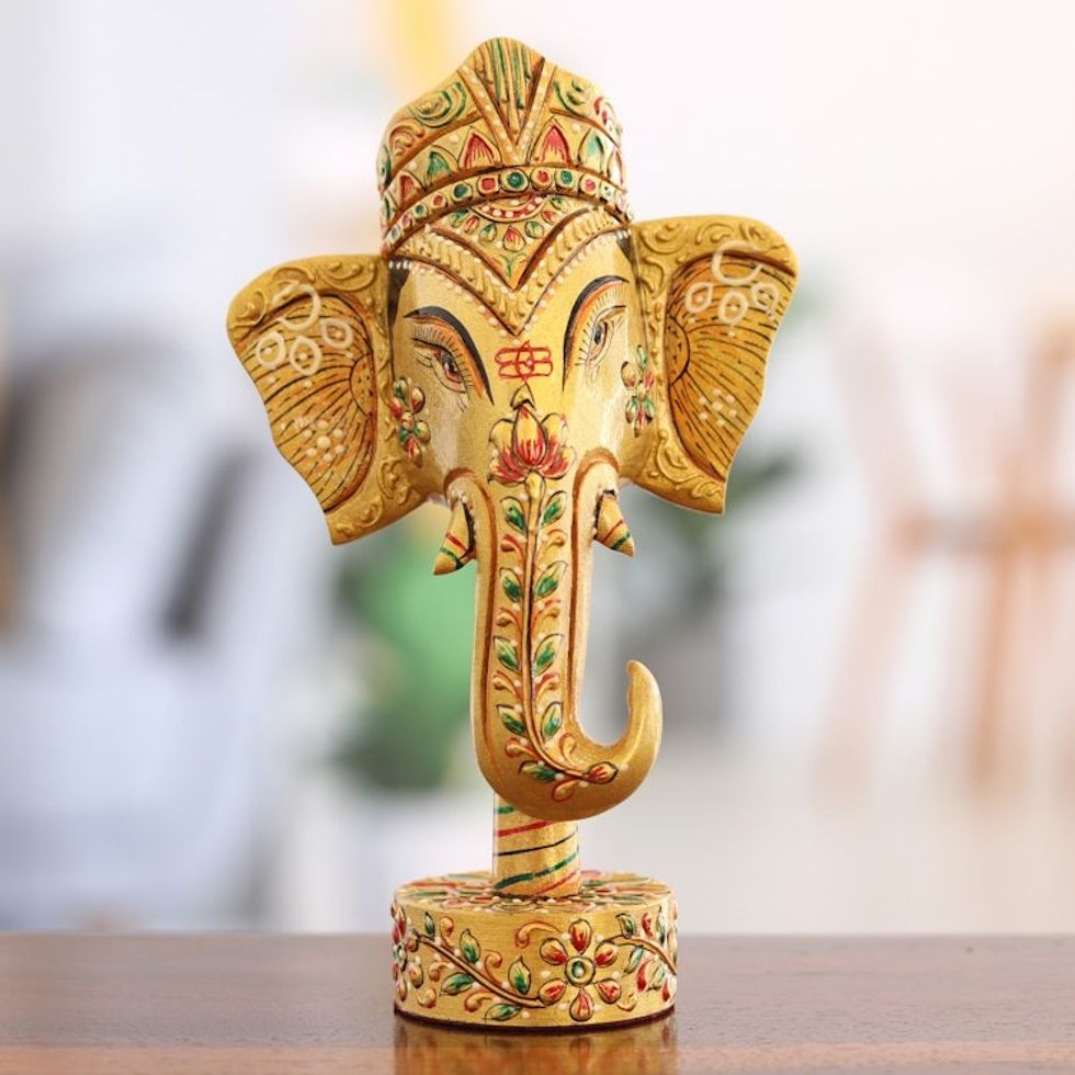 Handcrafted Kadam Wood Ganesha Sculpture in Golden Hues 'Supreme Ganesha'