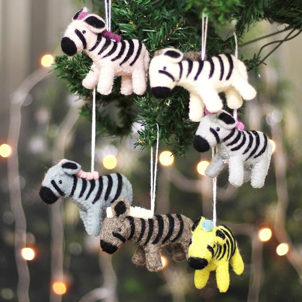 Set of Six Colorful Wool and Cotton Zebra Ornaments 'Zebra Realm'