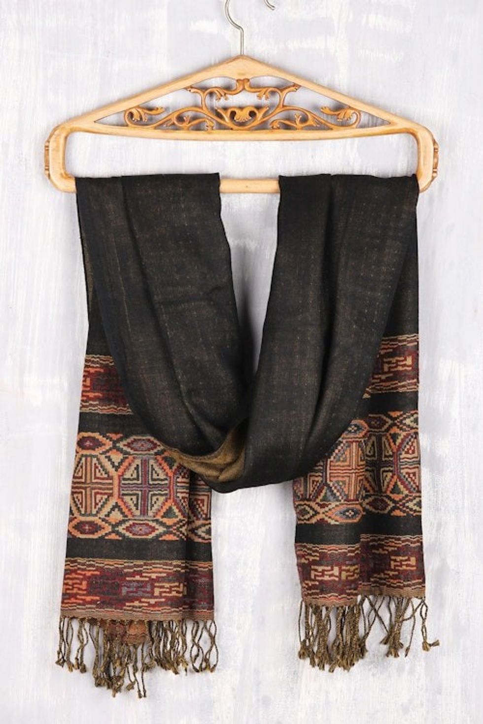 Woven Fringed Jamawar Wool Shawl in Black Yellow and Green 'Geometric Beauty'