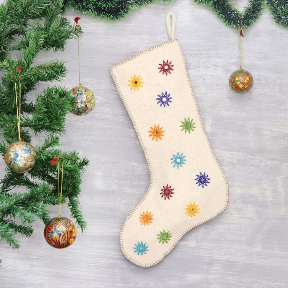 Embellished Wool Felt Stocking from India 'Twinkling Stars'