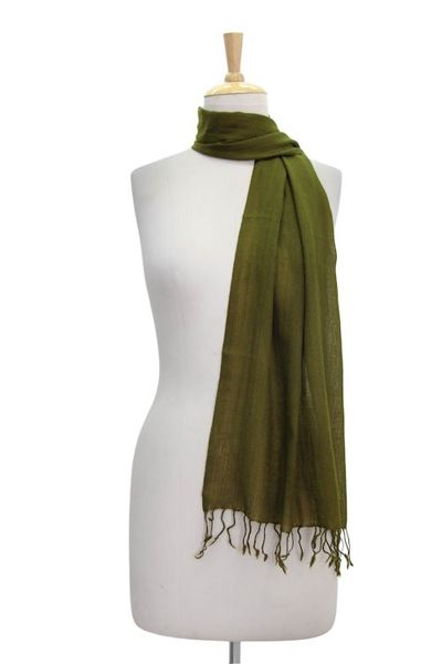 Alternate image for Diamond Pattern Olive Green Wool Scarf with Fringe Mossy Glade