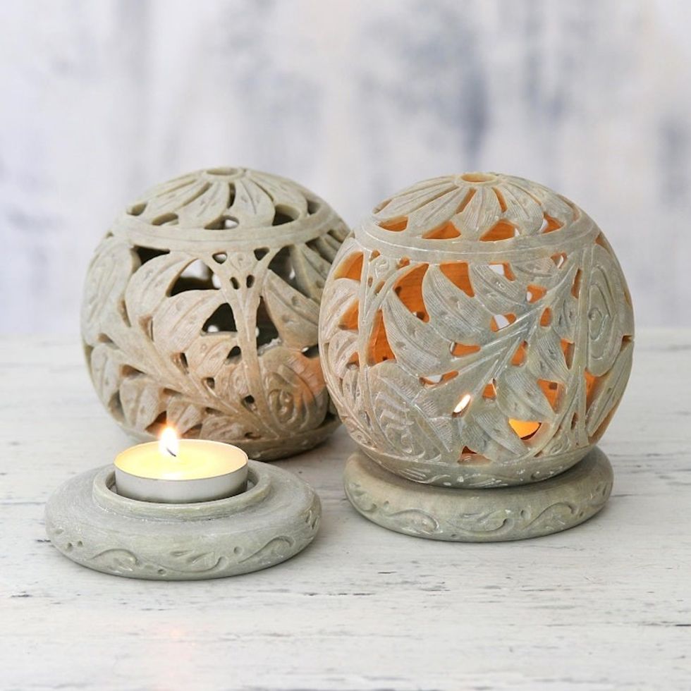 Natural Soapstone Candle Holder Hand Made Jali Pair Set 'Tea Roses'