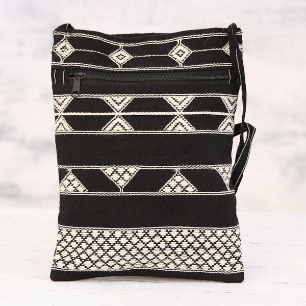 Alternate image for Hand Woven Black and White Cotton Sling Bag Rajasthani Roads
