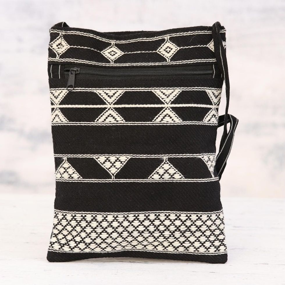Hand Woven Black and White Cotton Sling Bag 'Rajasthani Roads'
