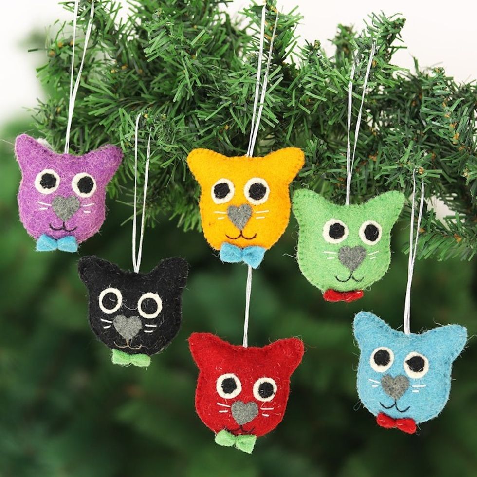 Set of 6 Wool Felt Stuffed Cat Ornaments 'Dapper Cats'