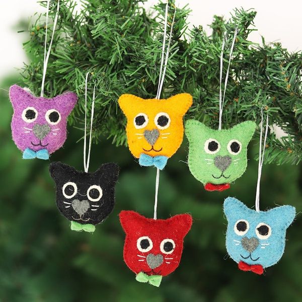 Alternate image for Set of 6 Wool Felt Stuffed Cat Ornaments Dapper Cats
