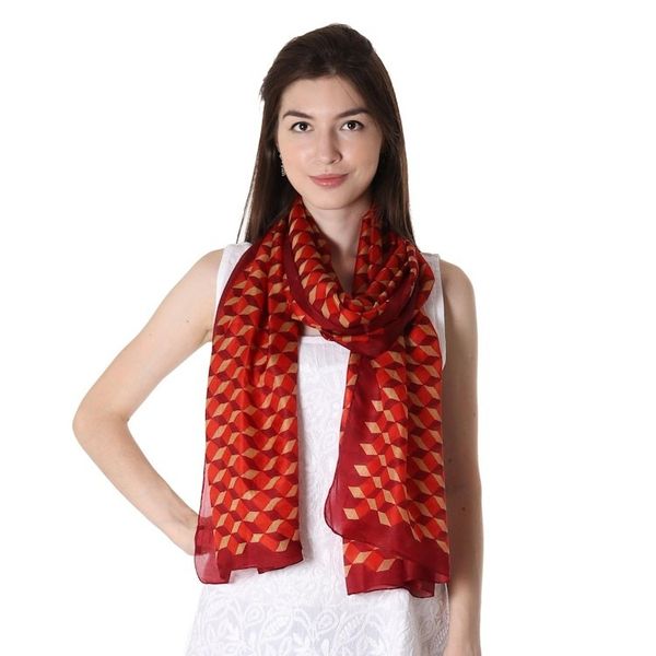 Alternate image for Silk Shawl with Claret Geometric Motifs from India Claret Steps