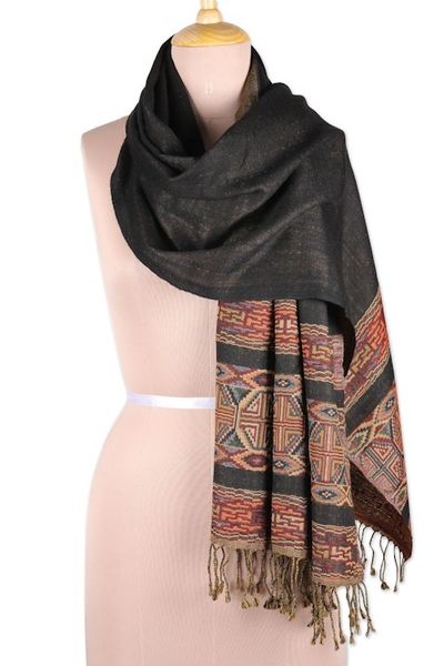 Alternate image for Woven Fringed Jamawar Wool Shawl in Black Yellow and Green Geometric Beauty