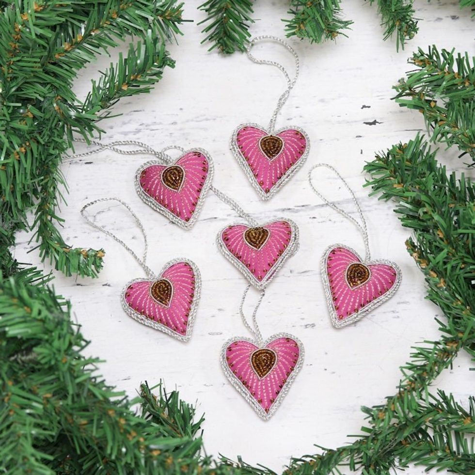 Six Heart-Shaped Beaded Ornaments from India 'Beaded Hearts'