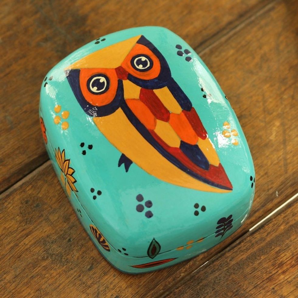 Decorative Papier Mache Owl-Motif Box 'Owl Story in Teal'