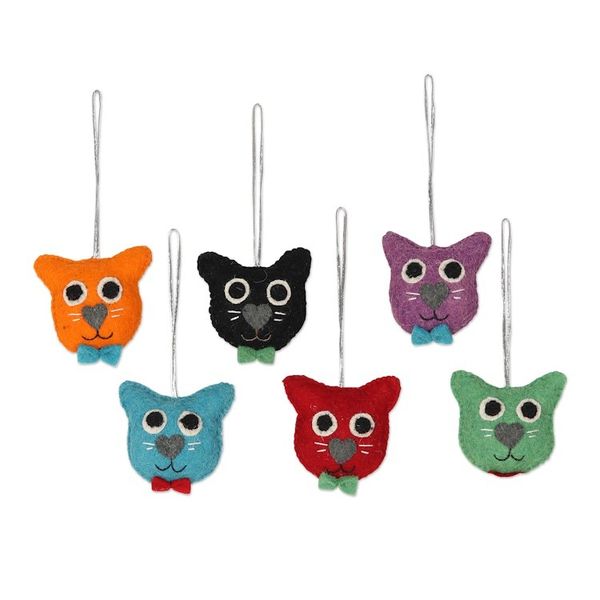 Alternate image for Set of 6 Wool Felt Stuffed Cat Ornaments Dapper Cats