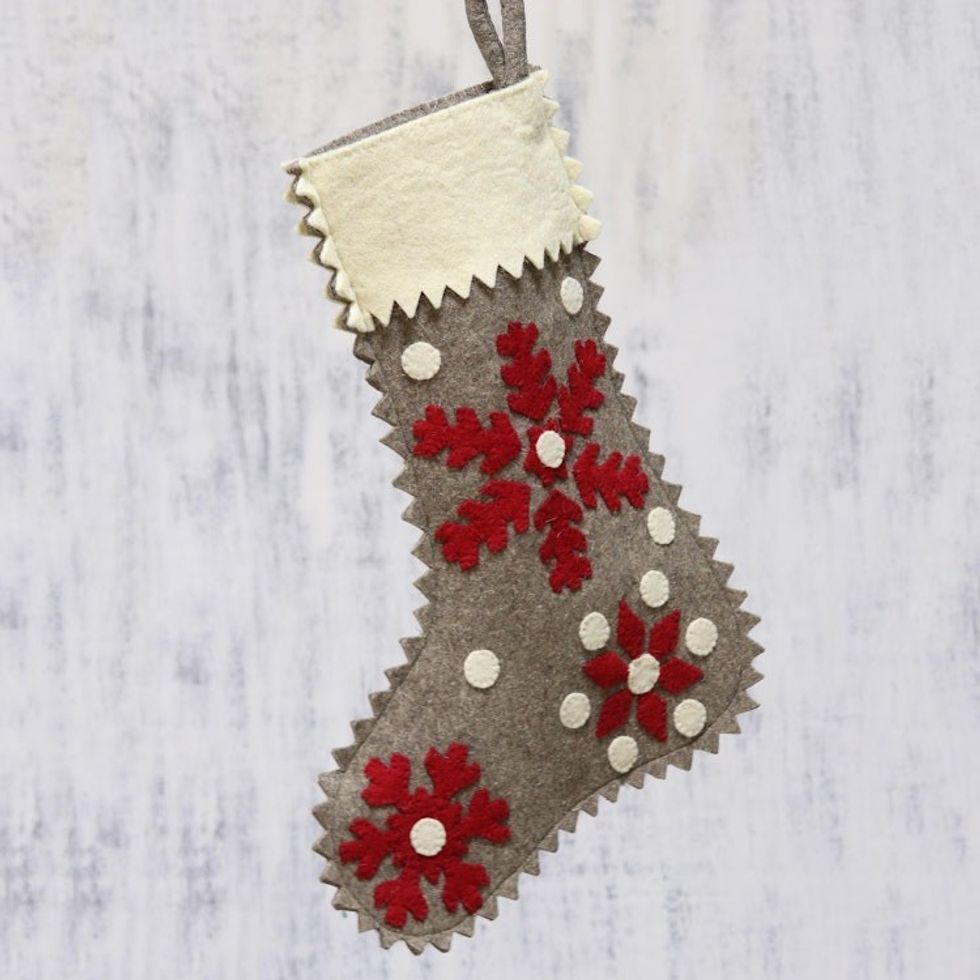 Handcrafted Snow Motif Wool Stocking from India 'Christmas Snowfall'