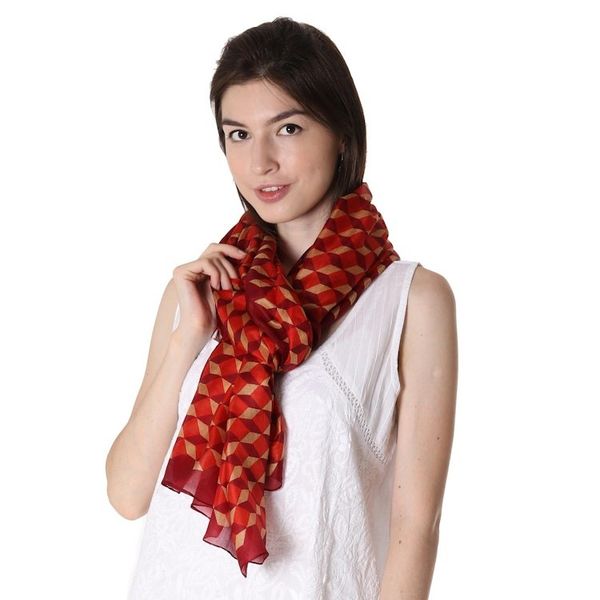 Alternate image for Silk Shawl with Claret Geometric Motifs from India Claret Steps