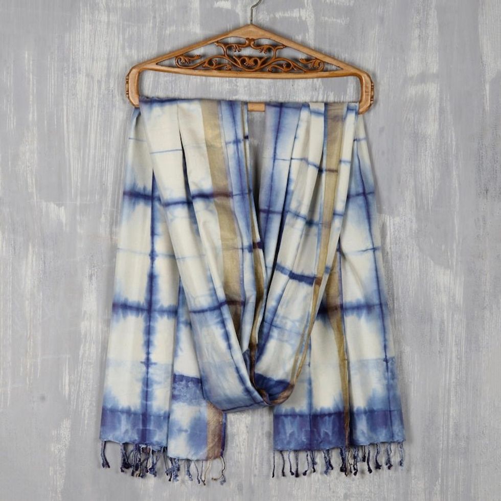 Artisan Crafted Tie-Dyed Silk Shawl from India 'Blue Tide'