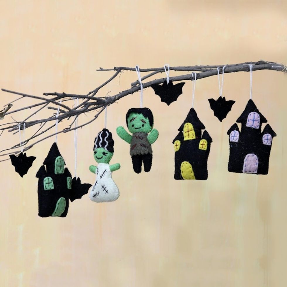 Set of 9 Handmade Wool Haunted Halloween Ornaments 'Halloween Haunts'