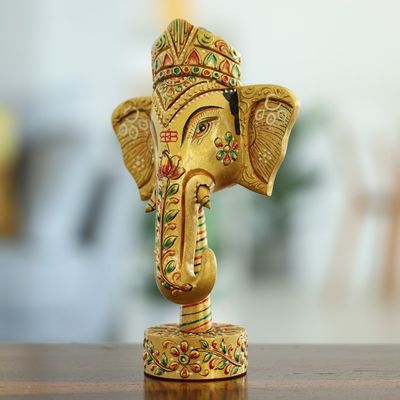 Alternate image for Handcrafted Kadam Wood Ganesha Sculpture in Golden Hues Supreme Ganesha