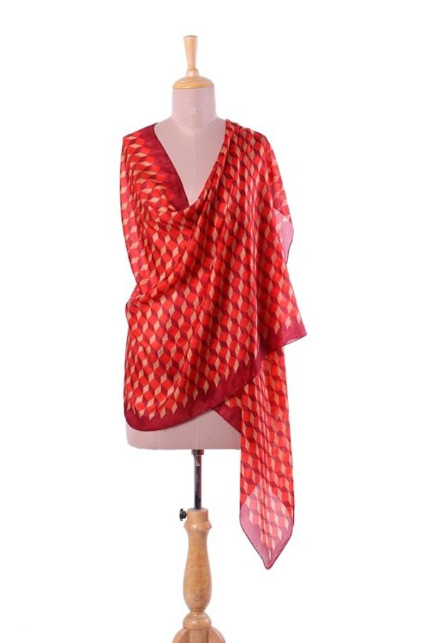 Alternate image for Silk Shawl with Claret Geometric Motifs from India Claret Steps
