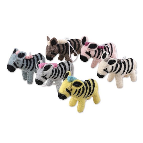Alternate image for Set of Six Colorful Wool and Cotton Zebra Ornaments Zebra Realm