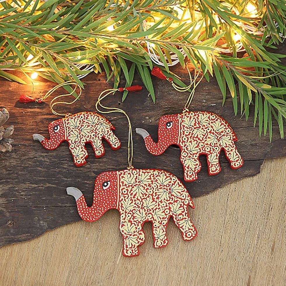 Set of 3 Wood Elephant Ornaments Hand-Painted in Red Hues 'Kashmir Elephants'