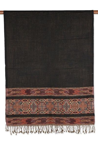 Alternate image for Woven Fringed Jamawar Wool Shawl in Black Yellow and Green Geometric Beauty