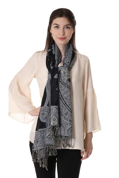 Alternate image for Artisan Handmade 100 Wool Reversible Floral Shawl India Alluring Lapis