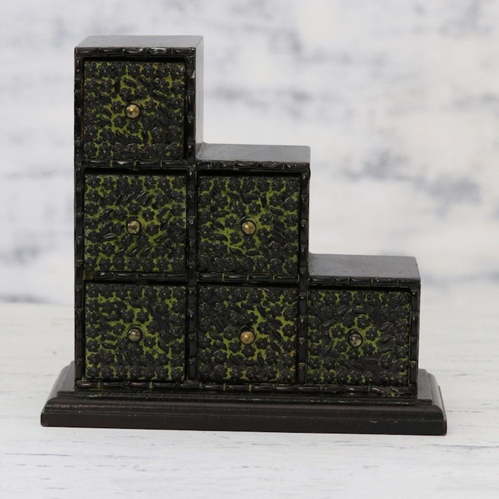 Chartreuse Green Embossed Aluminum on Wood Mini-Box 'Chartreuse Sextet'