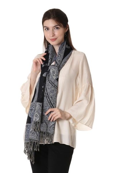 Alternate image for Artisan Handmade 100 Wool Reversible Floral Shawl India Alluring Lapis