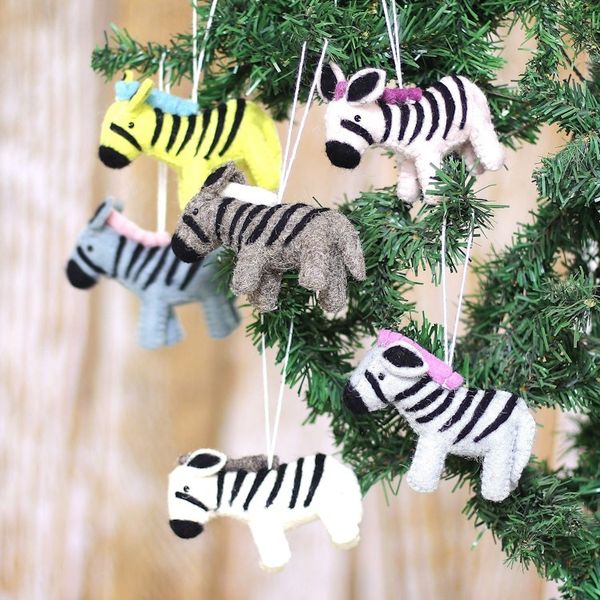 Alternate image for Set of Six Colorful Wool and Cotton Zebra Ornaments Zebra Realm