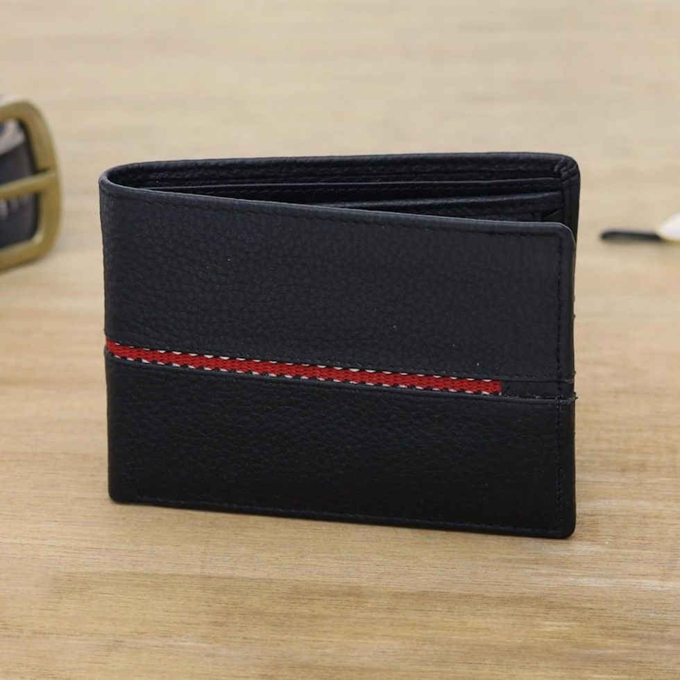 Black Leather Wallet for Men with Multiple Pockets 'Suave in Red'