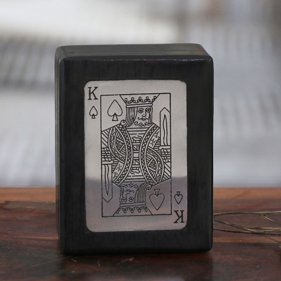 Handcrafted Acacia Wood Deck Box with Playing Cards 'Challenging Luck'