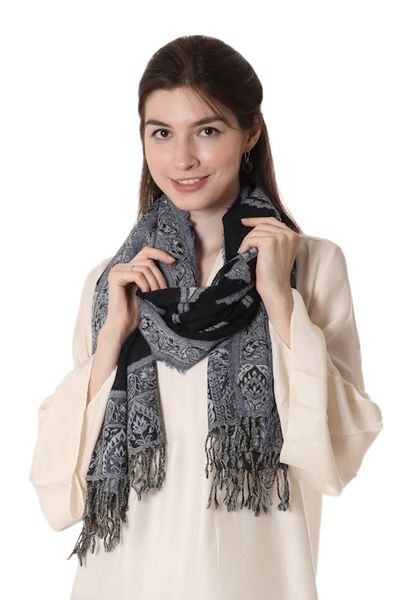 Alternate image for Artisan Handmade 100 Wool Reversible Floral Shawl India Alluring Lapis