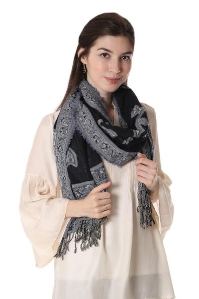 Alternate image for Artisan Handmade 100 Wool Reversible Floral Shawl India Alluring Lapis