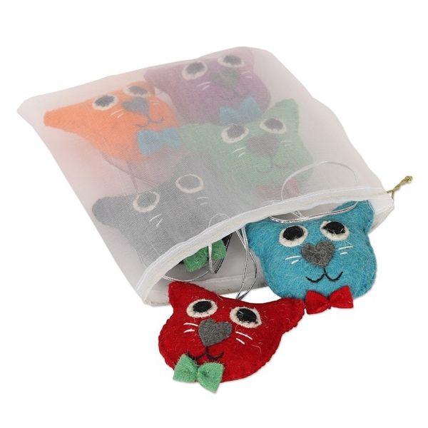 Alternate image for Set of 6 Wool Felt Stuffed Cat Ornaments Dapper Cats