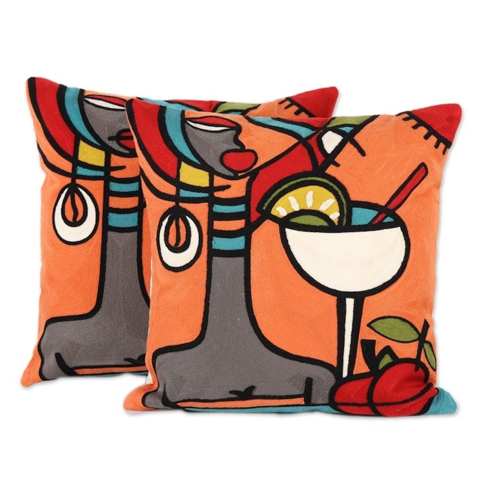 Margarita-Themed Embroidered Cotton Cushion Covers Pair 'Margarita Time'