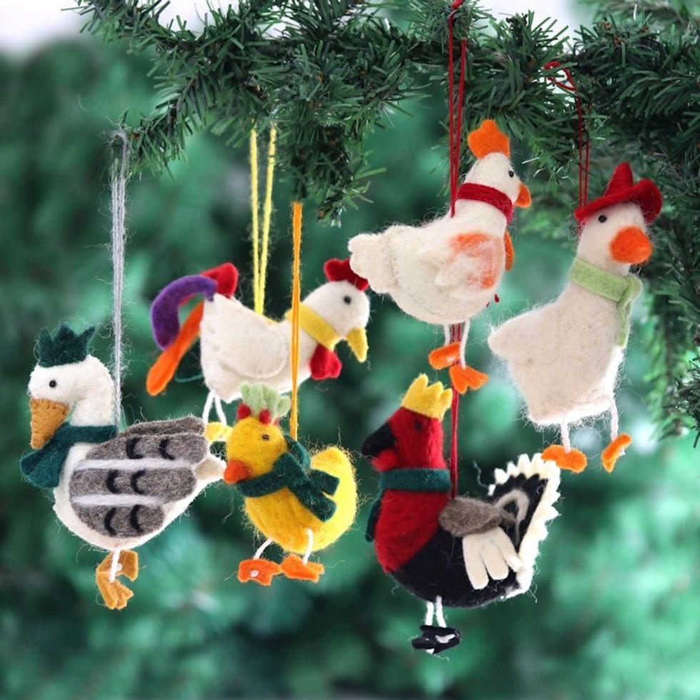 Handcrafted Wool Felt Chicken Geese Ornaments Set of 6 'Fine Feathered Friends'