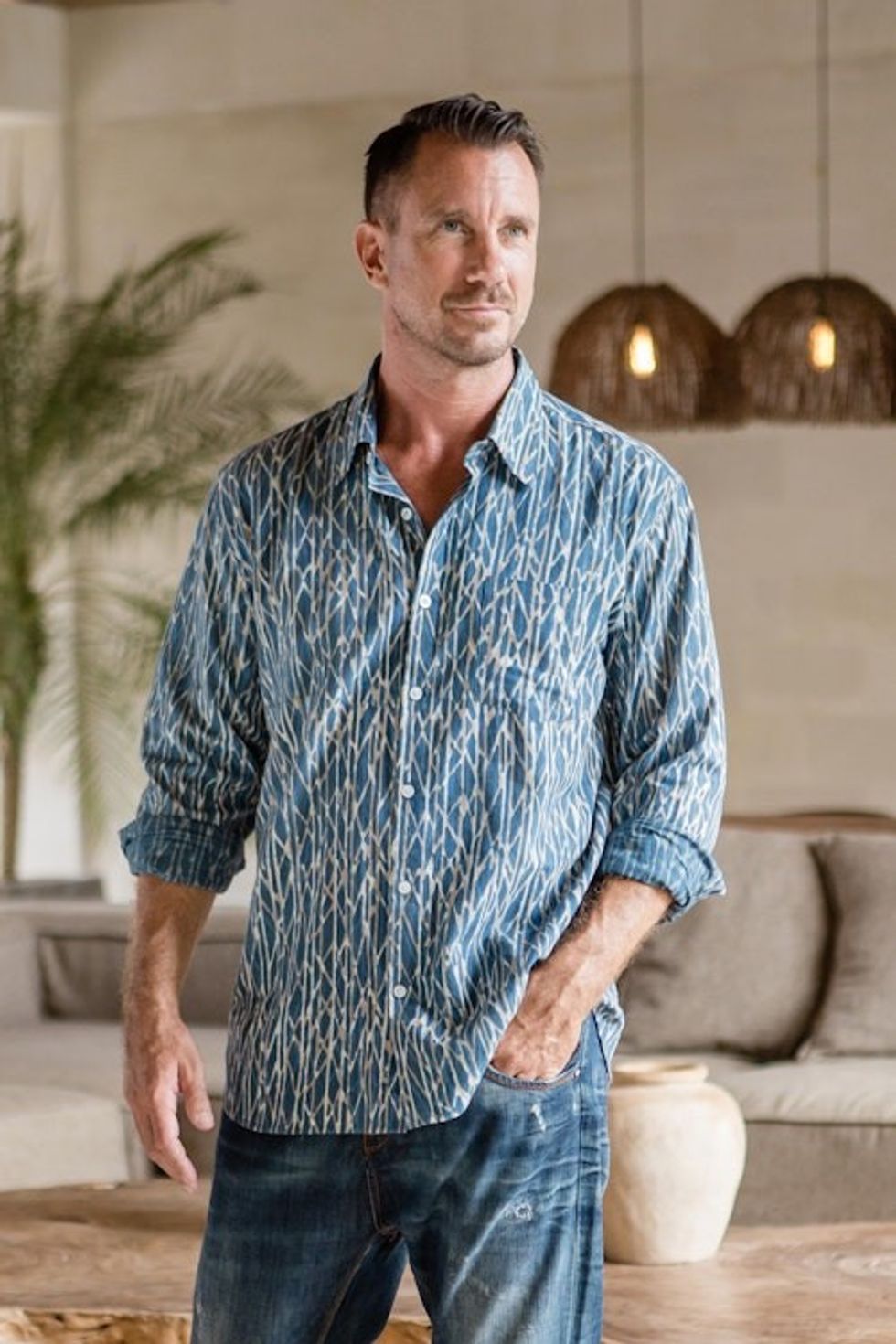 Men's Long-Sleeve Block-Printed Shirt from India 'Traditional Elegance'