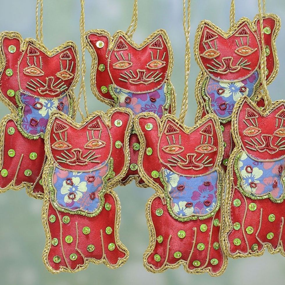 Set of Six Beaded Cat Ornaments in Crimson from India 'Bib Cats'