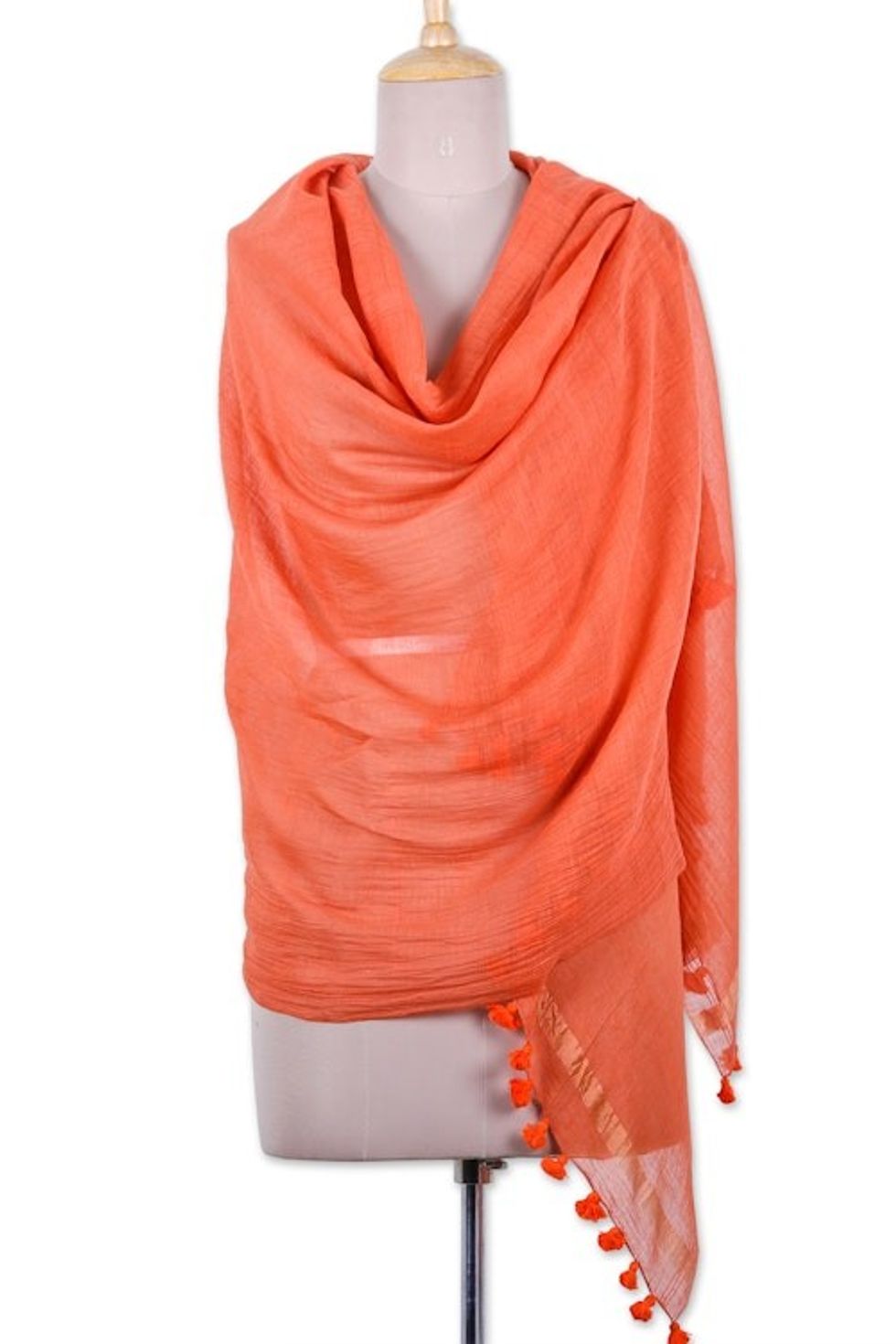 Ginger-Toned Cotton and Silk Blend Shawl with Tassels 'Ginger Pleasure'