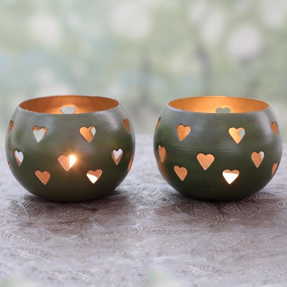 Hearth Themed Tealight Holders in Moss Green Pair 'Moss Green Hearts'