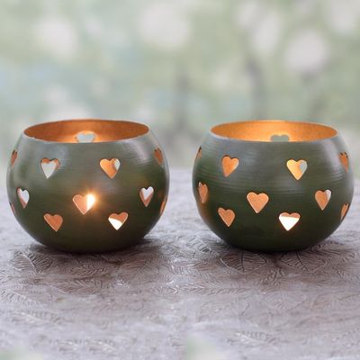 Alternate image for Hearth Themed Tealight Holders in Moss Green Pair Moss Green Hearts