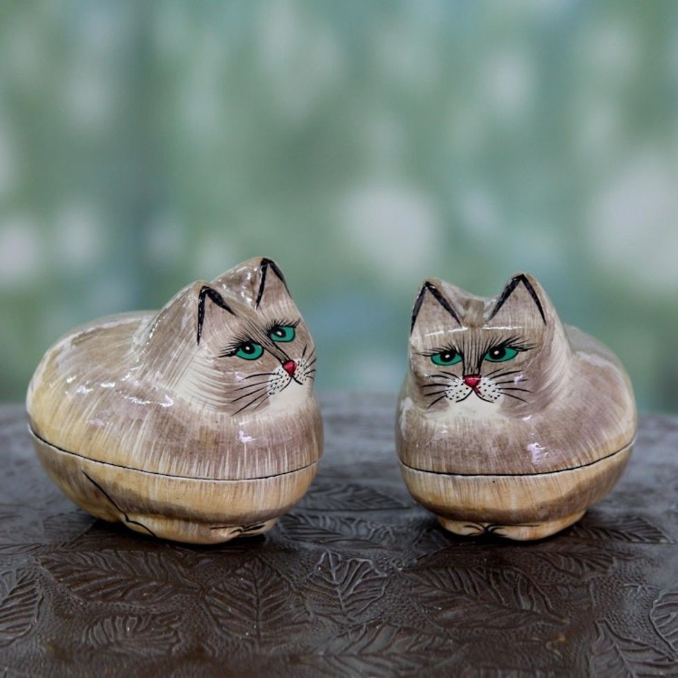 Indian Handcrafted Cat Theme Papier Mache Boxes Pair 'Contented Kitties'