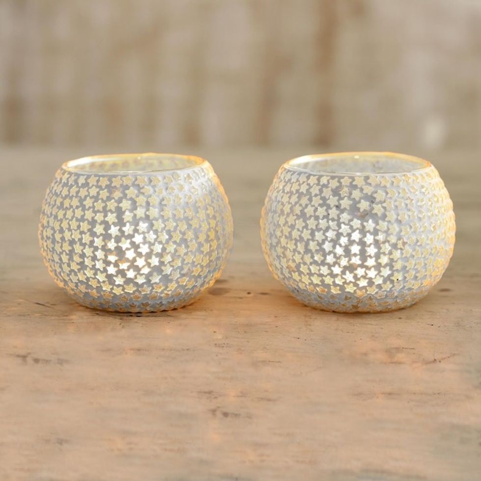 White Star Glass Mosaic Tealight Holders Pair 'Festive Stars'