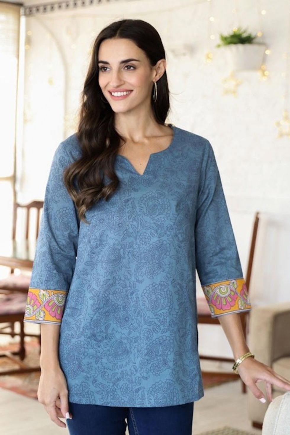 Block-Printed Cotton Tunic with Paisley Motif 'Paisley Buds'