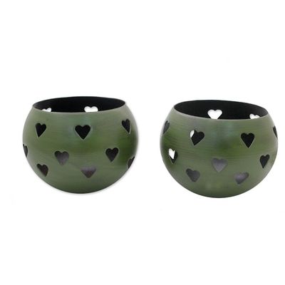 Alternate image for Hearth Themed Tealight Holders in Moss Green Pair Moss Green Hearts